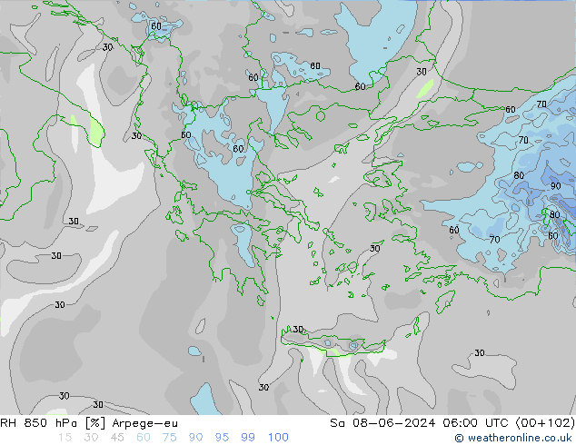 RH 850 hPa Arpege-eu Sáb 08.06.2024 06 UTC