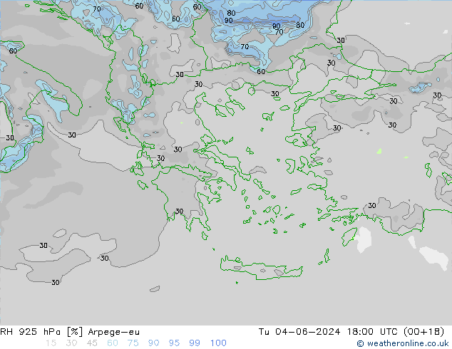 Humidité rel. 925 hPa Arpege-eu mar 04.06.2024 18 UTC