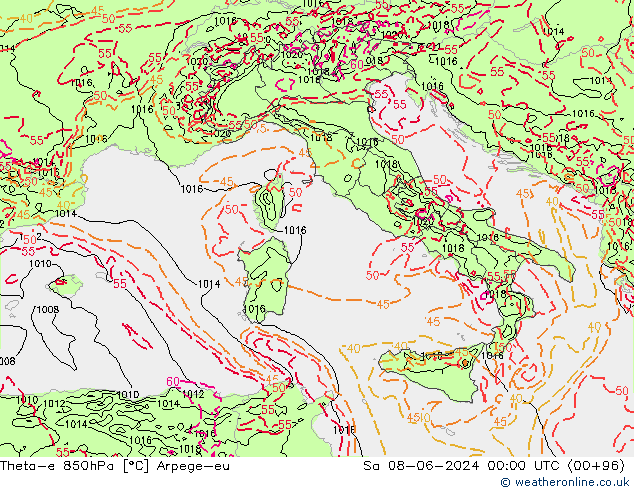 Theta-e 850hPa Arpege-eu Sa 08.06.2024 00 UTC