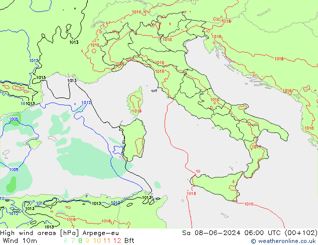 High wind areas Arpege-eu sam 08.06.2024 06 UTC