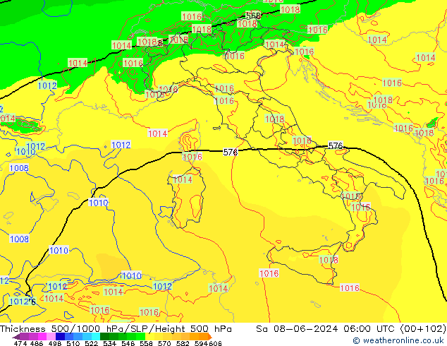 Espesor 500-1000 hPa Arpege-eu sáb 08.06.2024 06 UTC