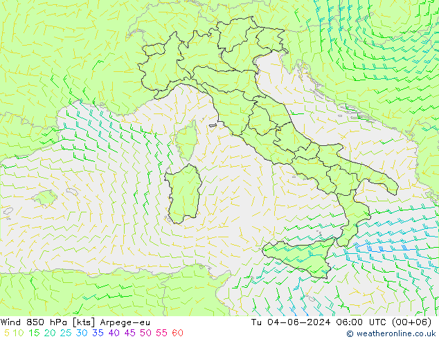 wiatr 850 hPa Arpege-eu wto. 04.06.2024 06 UTC