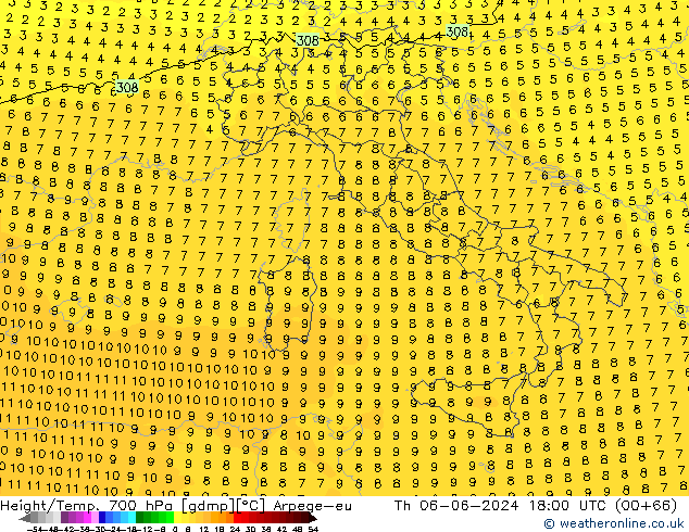 Height/Temp. 700 hPa Arpege-eu  06.06.2024 18 UTC