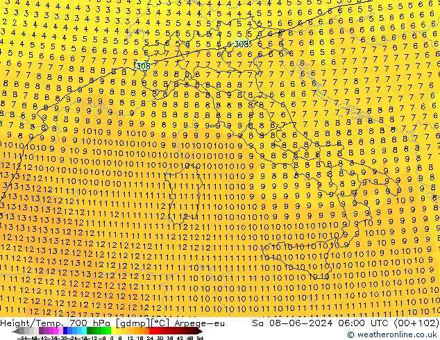 Height/Temp. 700 hPa Arpege-eu  08.06.2024 06 UTC