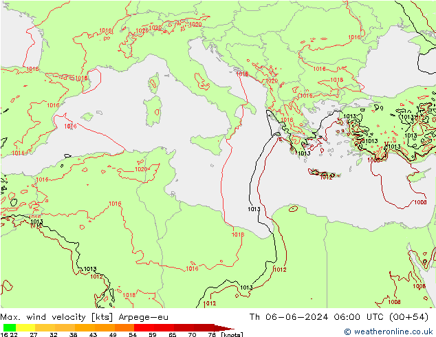 Max. wind velocity Arpege-eu Th 06.06.2024 06 UTC