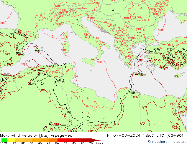 Max. wind velocity Arpege-eu Sex 07.06.2024 18 UTC