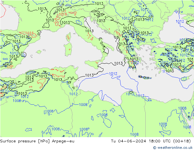 Surface pressure Arpege-eu Tu 04.06.2024 18 UTC