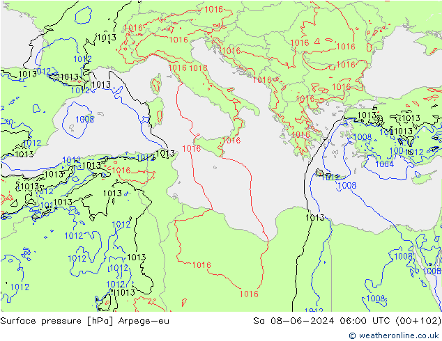 Pressione al suolo Arpege-eu sab 08.06.2024 06 UTC