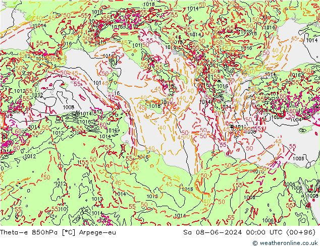 Theta-e 850hPa Arpege-eu Sáb 08.06.2024 00 UTC