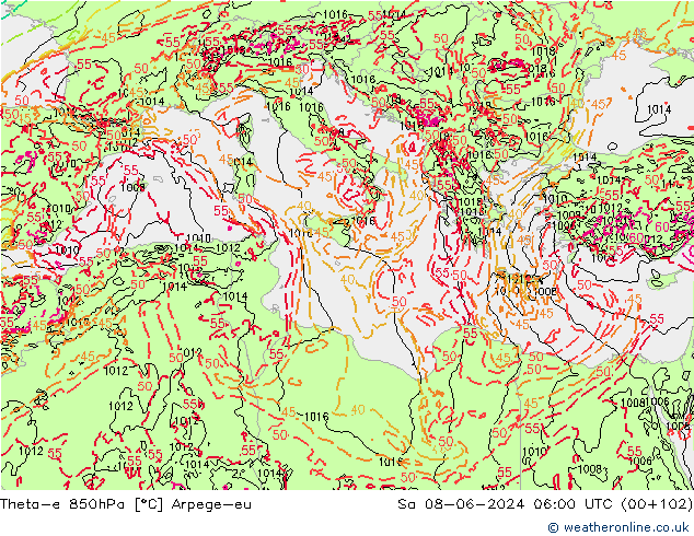 Theta-e 850hPa Arpege-eu So 08.06.2024 06 UTC