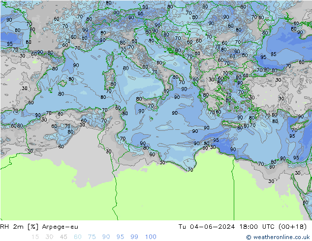 Humidité rel. 2m Arpege-eu mar 04.06.2024 18 UTC