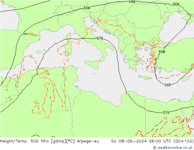 Hoogte/Temp. 500 hPa Arpege-eu za 08.06.2024 06 UTC