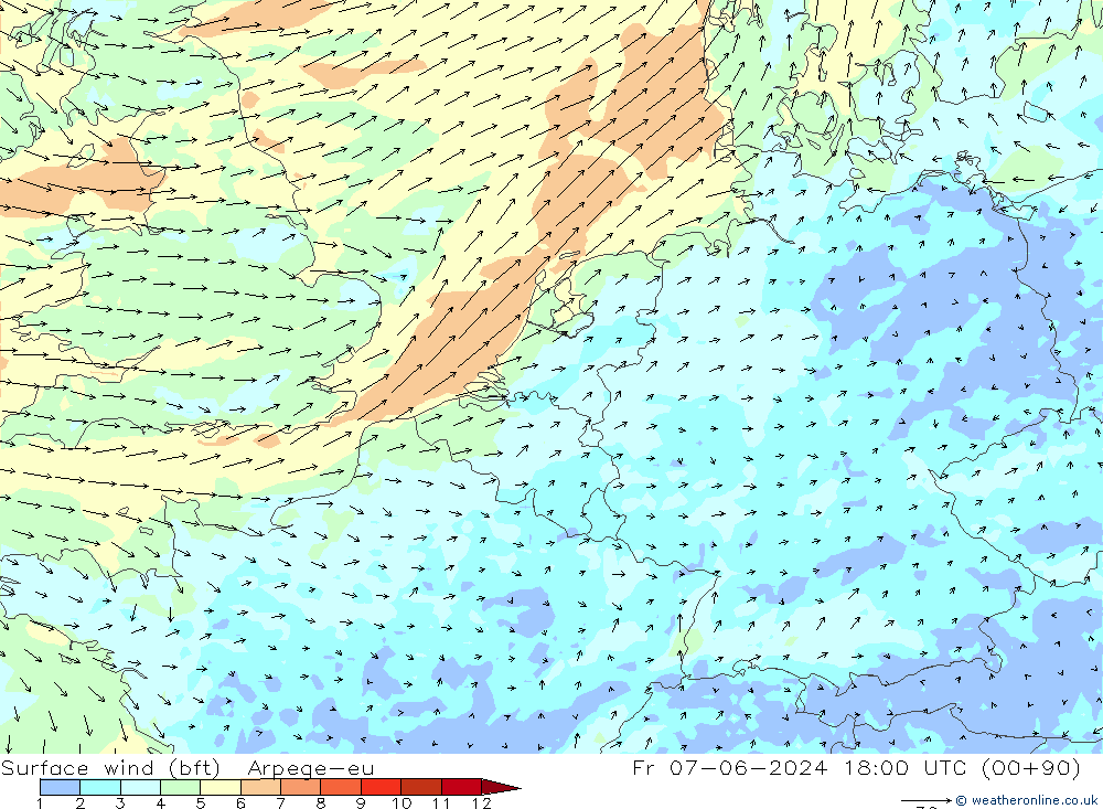 ве�Bе�@ 10 m (bft) Arpege-eu пт 07.06.2024 18 UTC