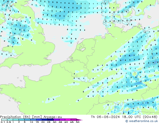 Precipitation (6h) Arpege-eu Čt 06.06.2024 00 UTC