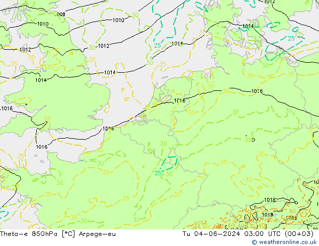 Theta-e 850hPa Arpege-eu mar 04.06.2024 03 UTC