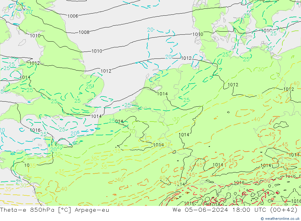 Theta-e 850hPa Arpege-eu śro. 05.06.2024 18 UTC