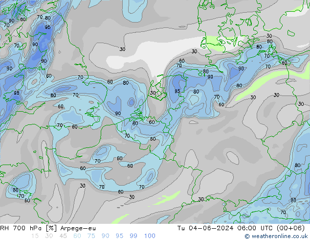 RH 700 hPa Arpege-eu Út 04.06.2024 06 UTC