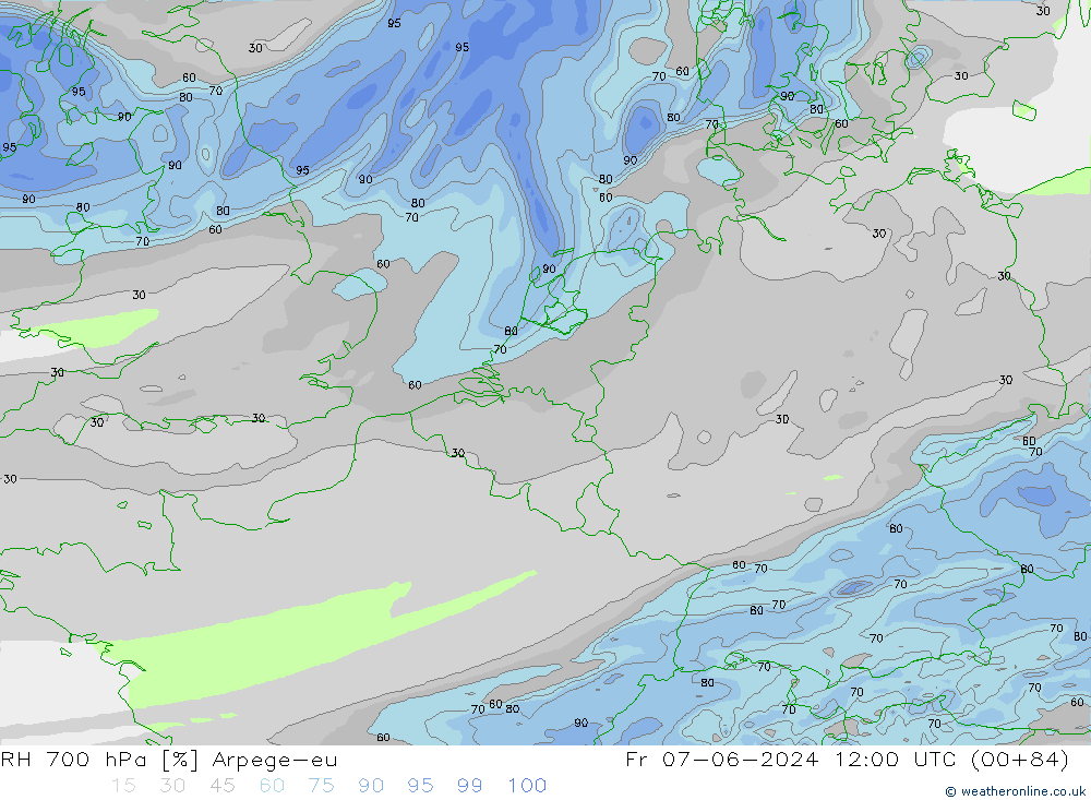 RH 700 hPa Arpege-eu Pá 07.06.2024 12 UTC