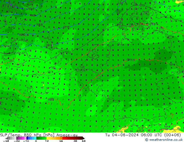 SLP/Temp. 850 hPa Arpege-eu Tu 04.06.2024 06 UTC