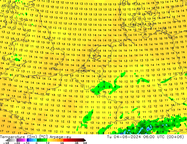 Temperatura (2m) Arpege-eu mar 04.06.2024 06 UTC