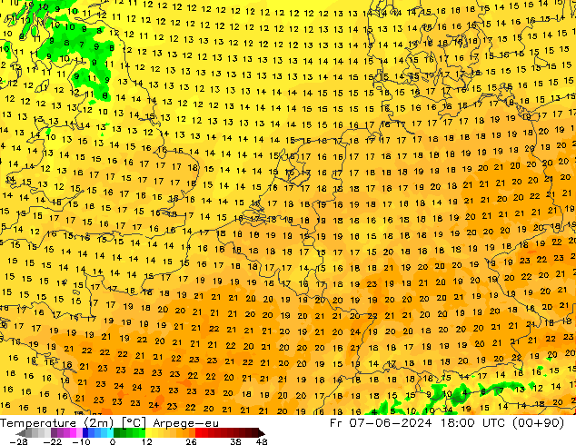 Temperatura (2m) Arpege-eu ven 07.06.2024 18 UTC