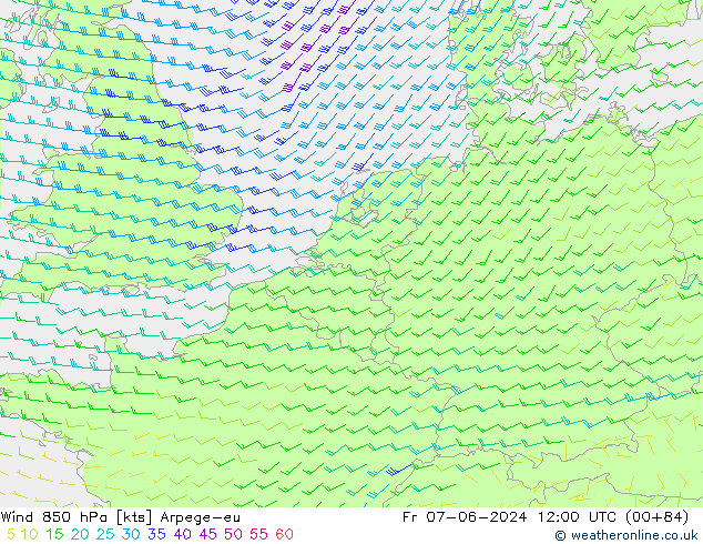 Wind 850 hPa Arpege-eu Pá 07.06.2024 12 UTC