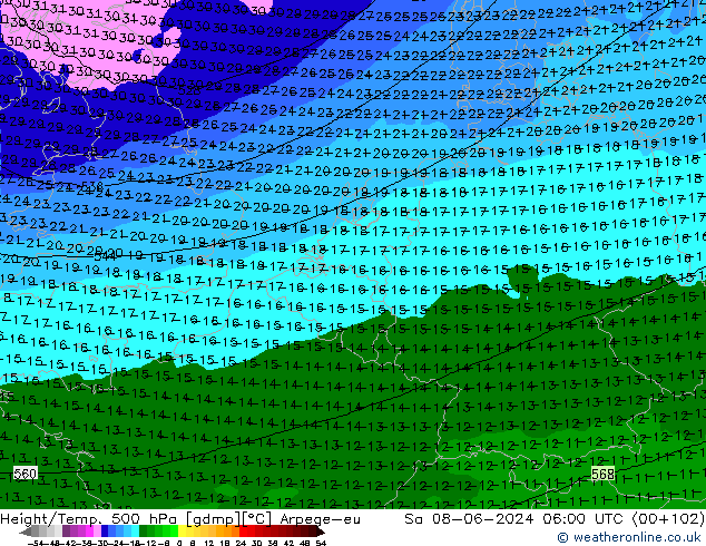 Height/Temp. 500 hPa Arpege-eu Sa 08.06.2024 06 UTC