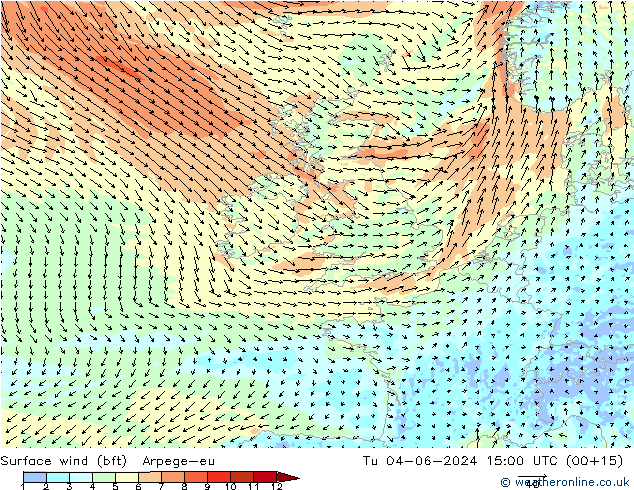 Surface wind (bft) Arpege-eu Tu 04.06.2024 15 UTC
