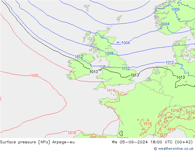 Pressione al suolo Arpege-eu mer 05.06.2024 18 UTC