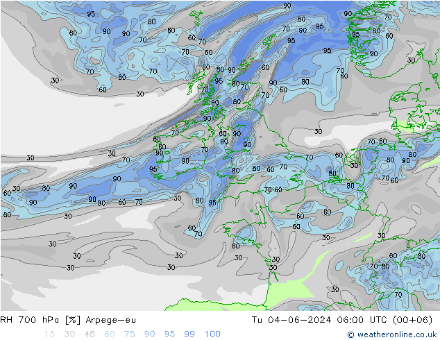 RH 700 hPa Arpege-eu Tu 04.06.2024 06 UTC