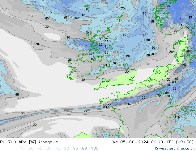 RH 700 hPa Arpege-eu  05.06.2024 06 UTC