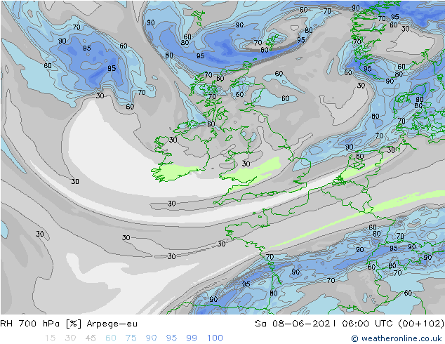 RH 700 гПа Arpege-eu сб 08.06.2024 06 UTC
