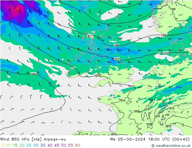 Rüzgar 850 hPa Arpege-eu Çar 05.06.2024 18 UTC