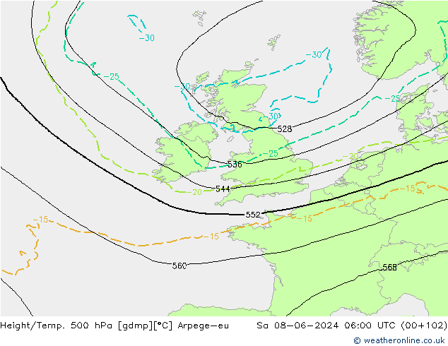 Height/Temp. 500 hPa Arpege-eu so. 08.06.2024 06 UTC