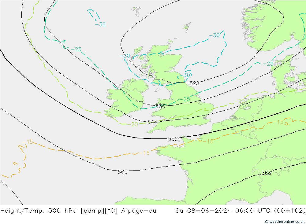 Geop./Temp. 500 hPa Arpege-eu sáb 08.06.2024 06 UTC