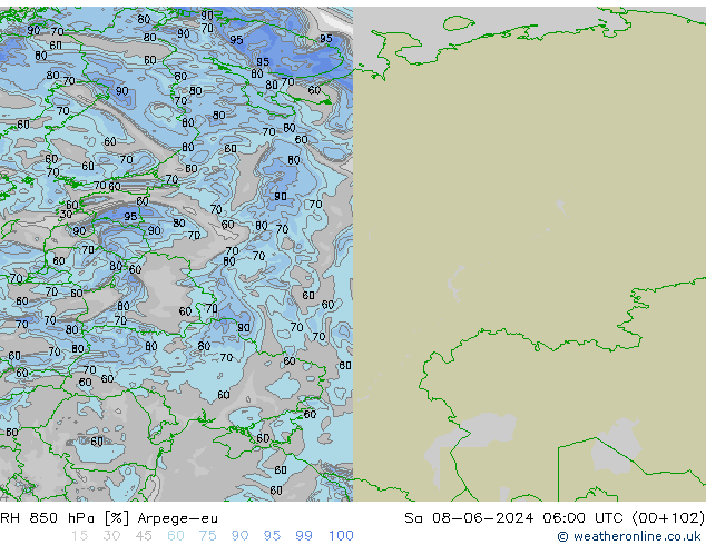 RH 850 hPa Arpege-eu Sa 08.06.2024 06 UTC