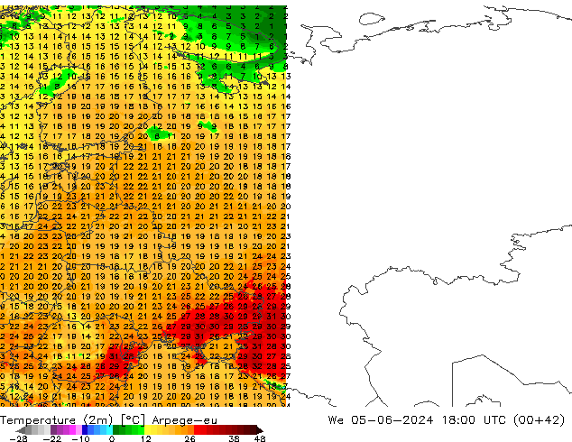 Temperatura (2m) Arpege-eu mié 05.06.2024 18 UTC