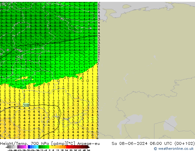 Height/Temp. 700 hPa Arpege-eu Sa 08.06.2024 06 UTC