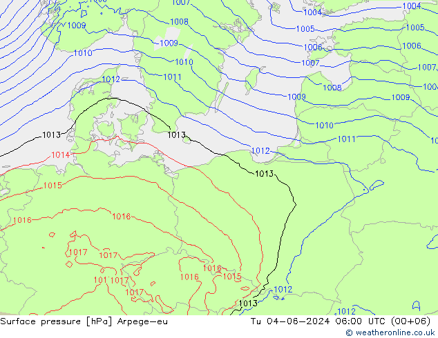 Surface pressure Arpege-eu Tu 04.06.2024 06 UTC