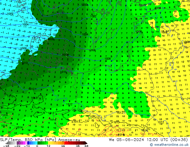 SLP/Temp. 850 hPa Arpege-eu Qua 05.06.2024 12 UTC