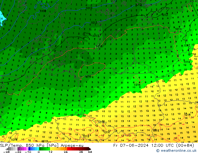 SLP/Temp. 850 hPa Arpege-eu Fr 07.06.2024 12 UTC