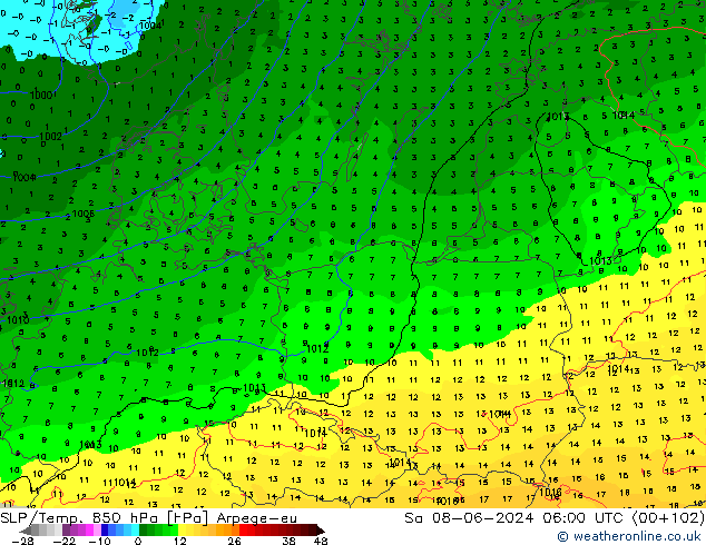 SLP/Temp. 850 hPa Arpege-eu So 08.06.2024 06 UTC