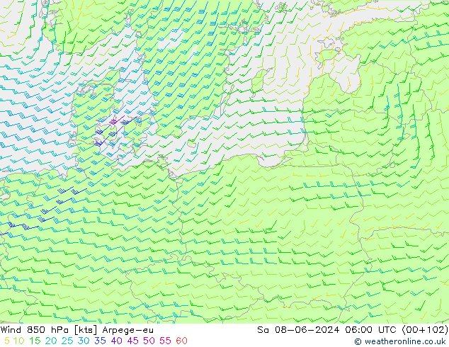 Rüzgar 850 hPa Arpege-eu Cts 08.06.2024 06 UTC