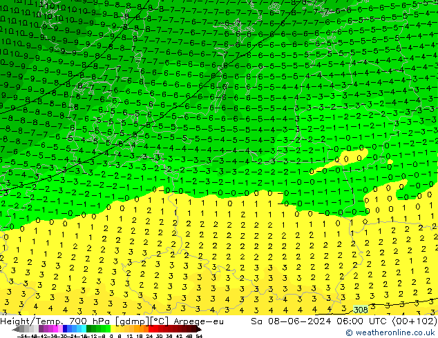 Height/Temp. 700 hPa Arpege-eu So 08.06.2024 06 UTC