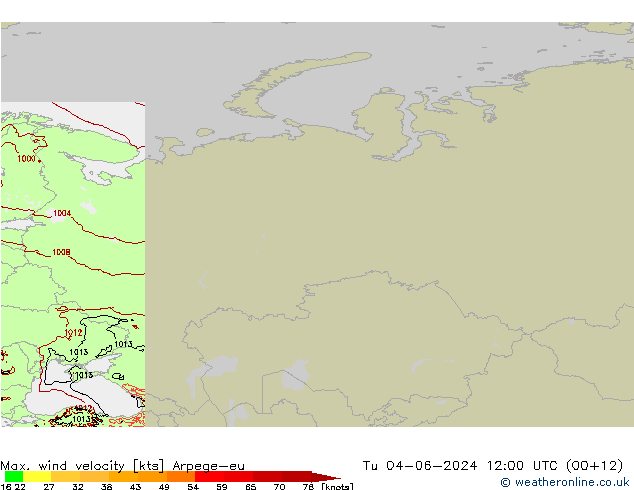 Max. wind velocity Arpege-eu Tu 04.06.2024 12 UTC