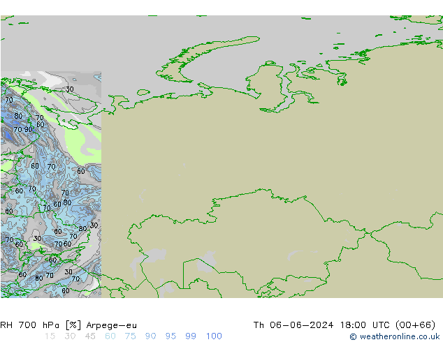 Humedad rel. 700hPa Arpege-eu jue 06.06.2024 18 UTC