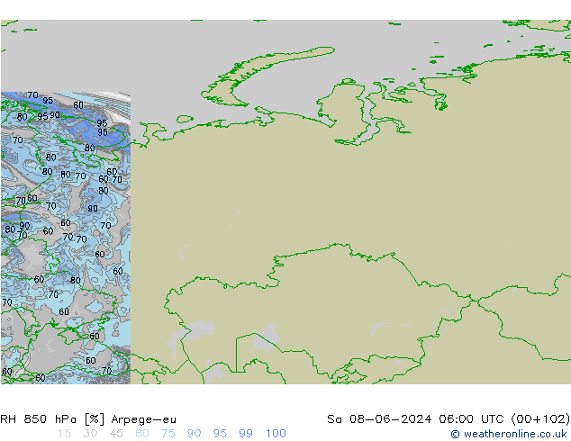 RH 850 hPa Arpege-eu sab 08.06.2024 06 UTC