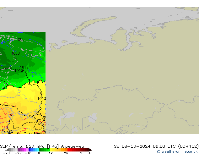 SLP/Temp. 850 hPa Arpege-eu so. 08.06.2024 06 UTC