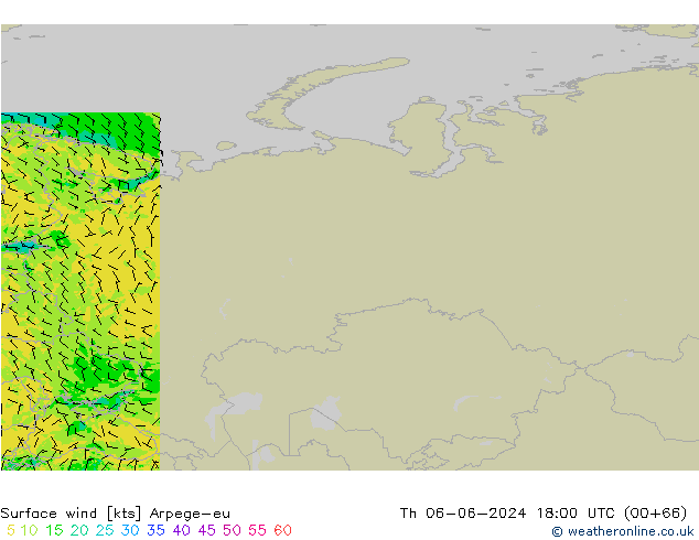 Surface wind Arpege-eu Čt 06.06.2024 18 UTC