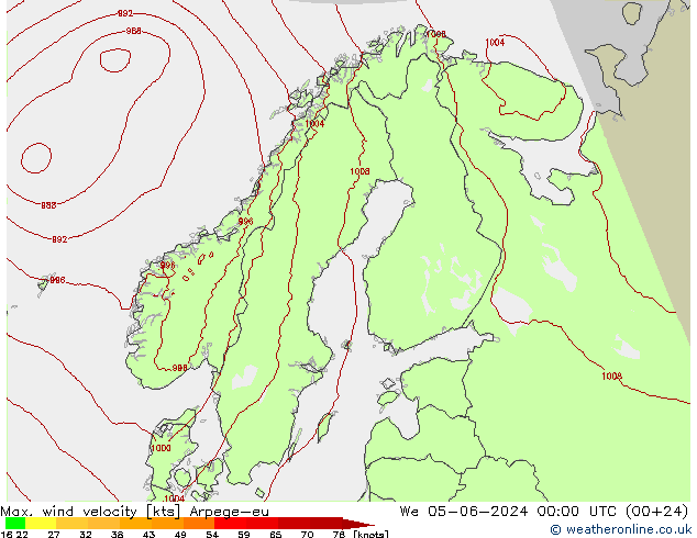 Max. wind velocity Arpege-eu mer 05.06.2024 00 UTC